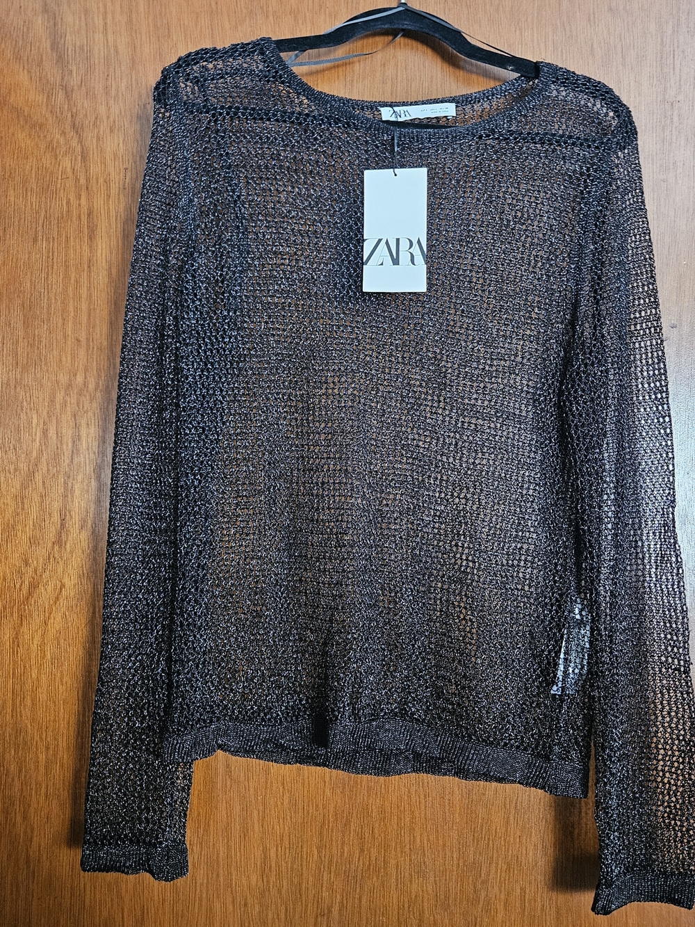 Zara Black Sheer Open-Knit Long-Sleeve Top